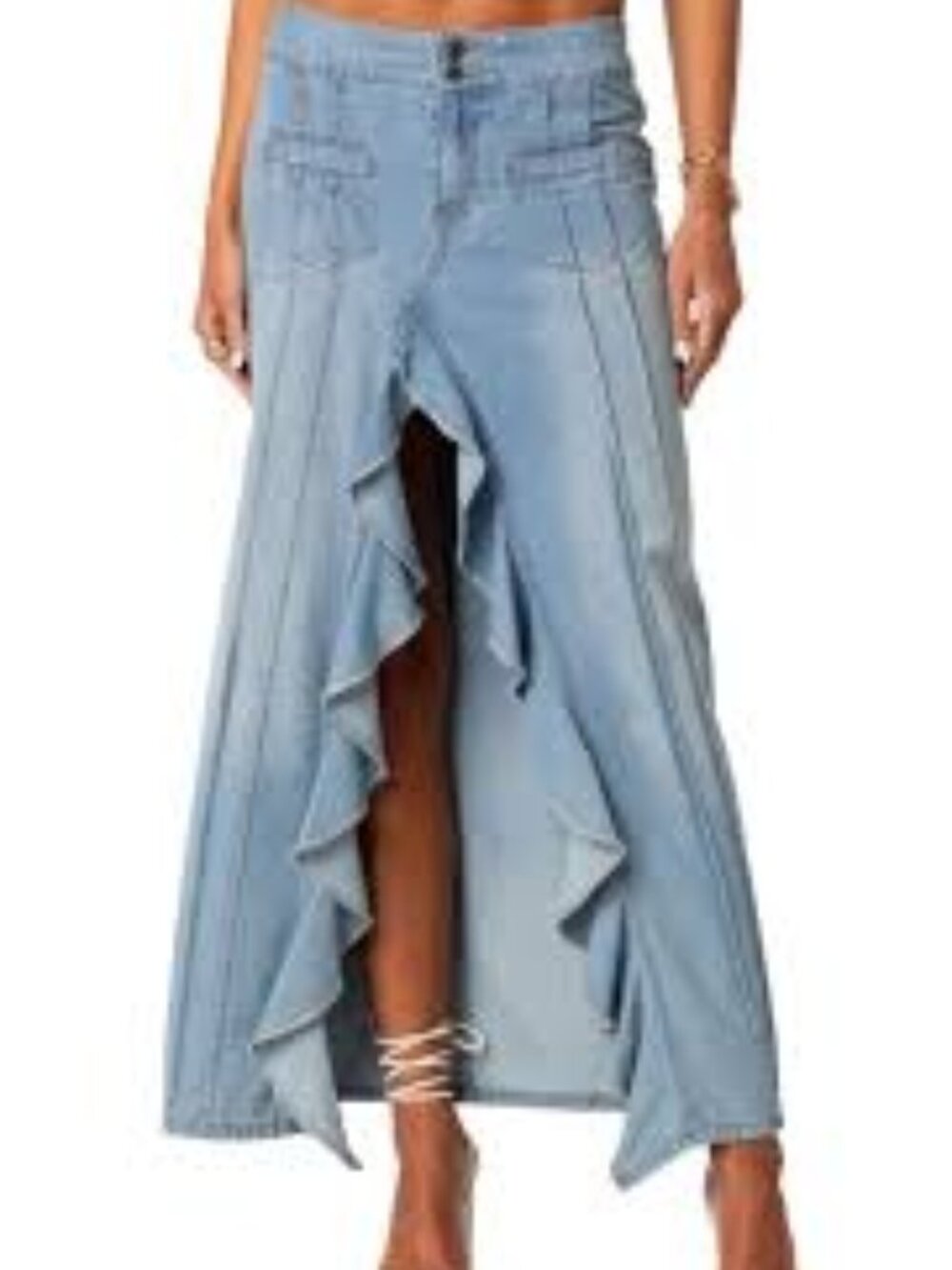 Valencia Ruffle Slit Front Denim Maxi Skirt L